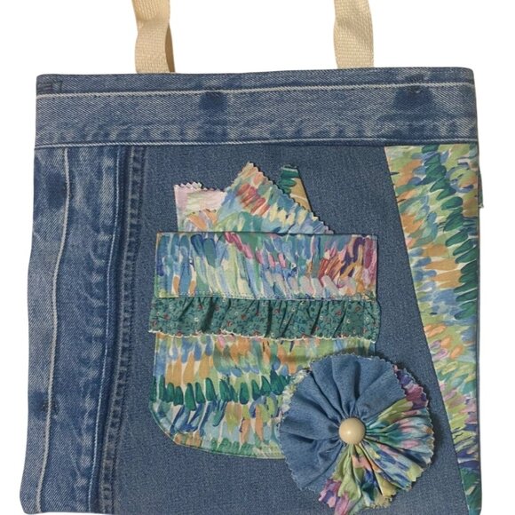 Handmade Denim & Fabric Tote Bag With Floral Appliqué - Picture 2 of 6